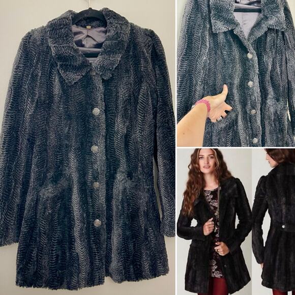 Free People Faux Fur Herringbone Mob Wife Greyscale Edgy Longline Car Coat S/M